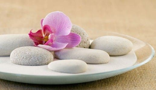 A pink orchid flower rests on smooth white stones arranged on a clear glass plate filled with fine white sand, set against a neutral background.